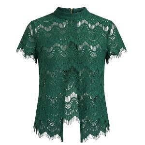 Lace Short Sleeve Top Keyhole Split Back Green XL